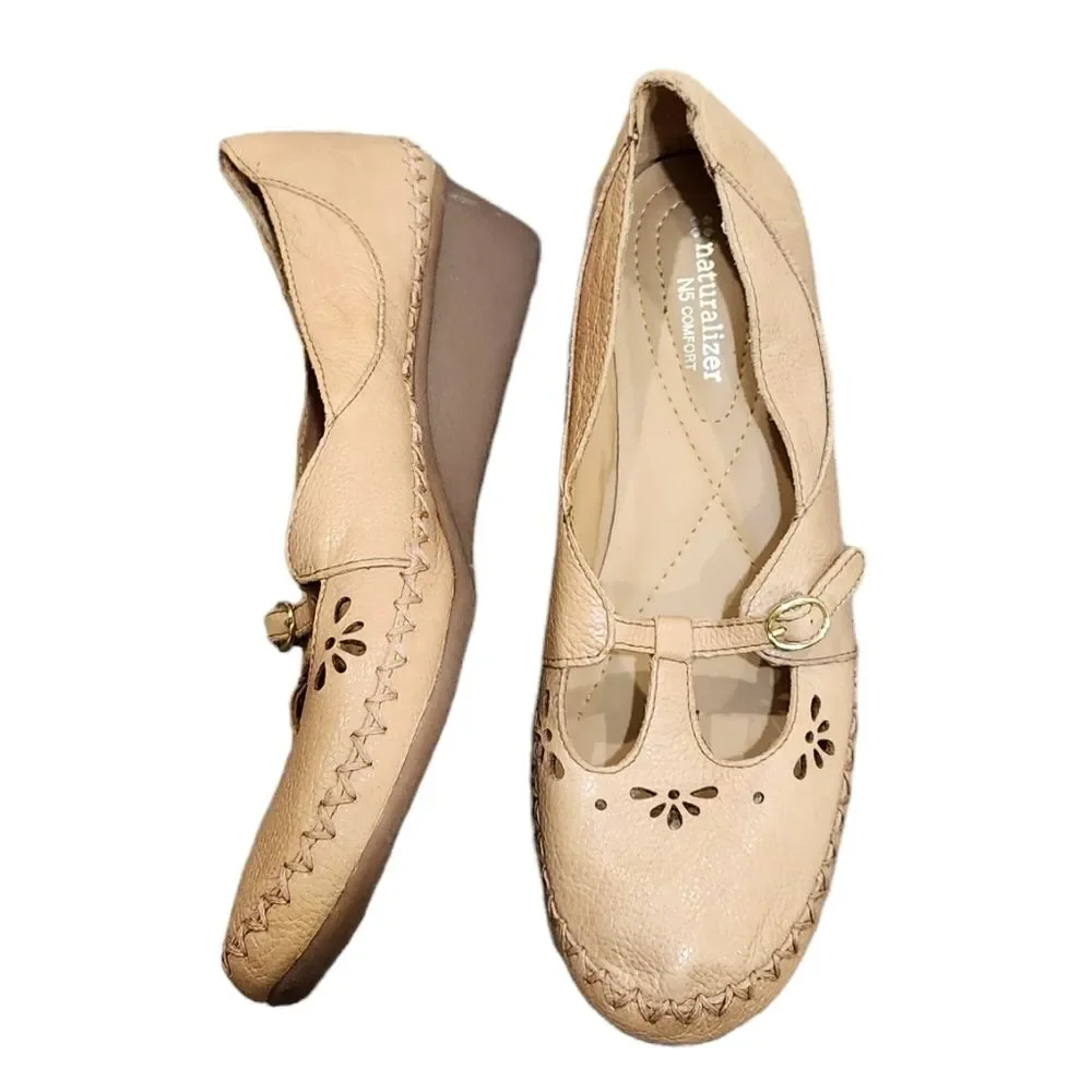 Naturalizer N5 Comfort Tan Cream Leather Soft Flexible Flat Size 9.5W